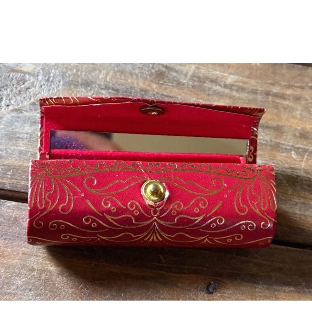 Vintage Italian Red Leather Lipstick Case Gold Florentine Scroll Mirror Italy